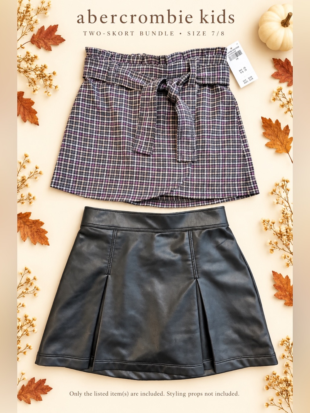 abercrombie kids Girls 7/8 Skort Bundle Black Faux Leather & Plaid